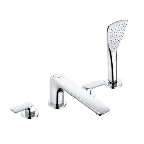 Moderne Badezimmerarmatur in glänzendem Chrom-Finish, bestehend aus einer Wannenfüll- und Handbrause mit separatem Bedienhebel.